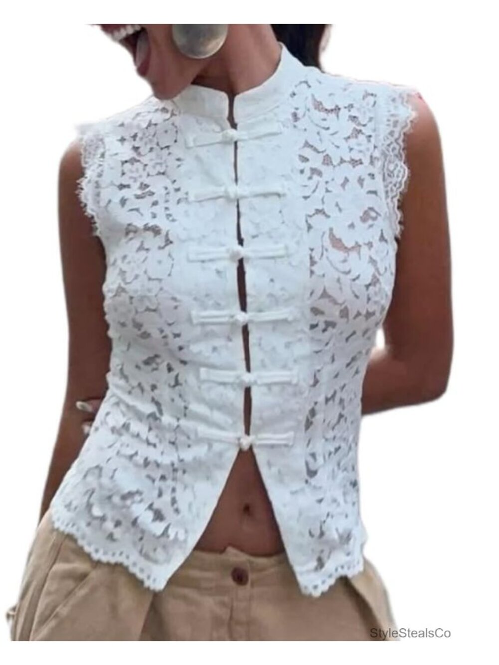 Mandarin Collar Lace Tank Top Sleeveless Chinese Frog Button Fitted Blouse